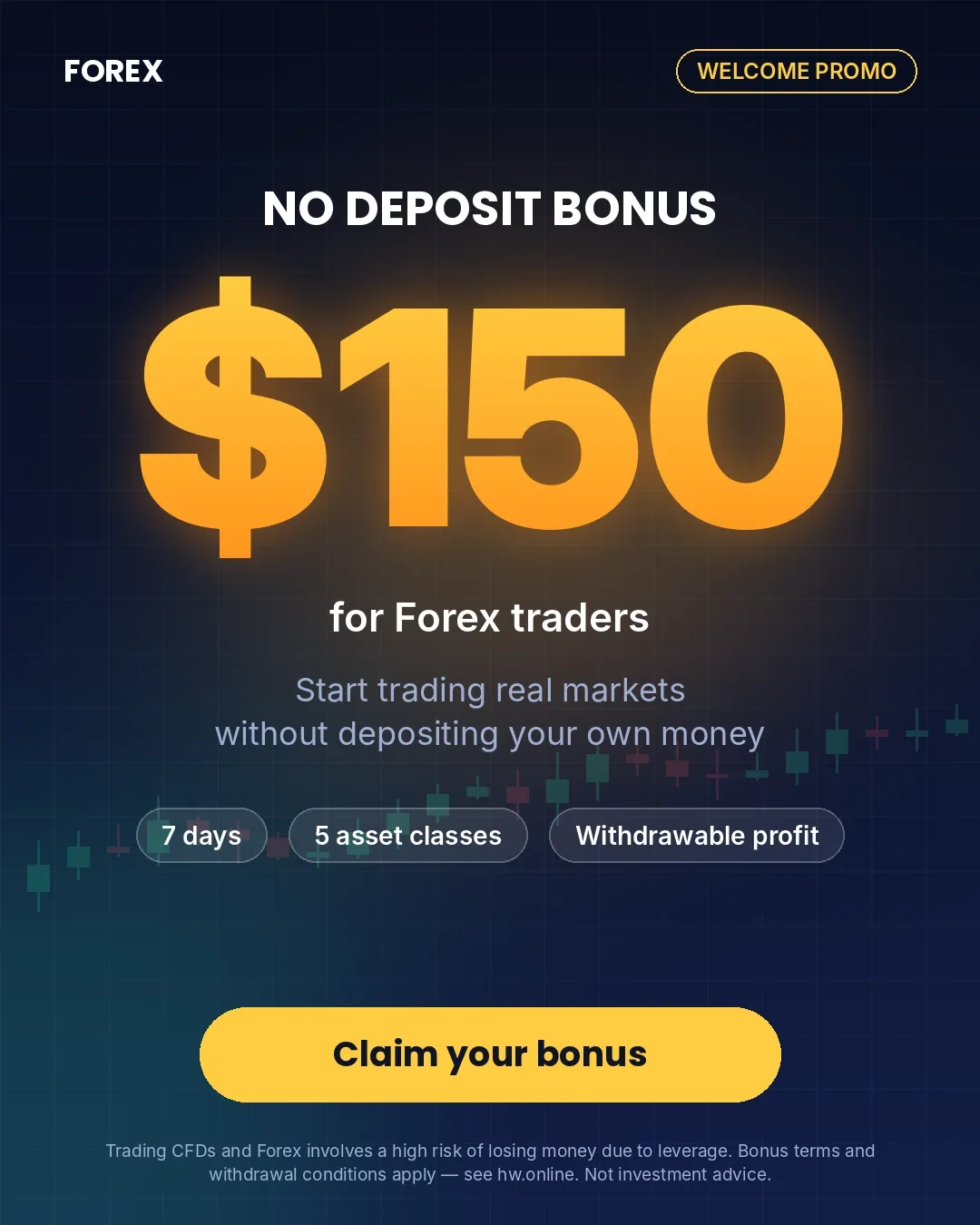 $150 No-deposit Welcome Bonus lets you trade live markets